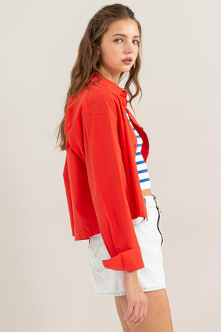RED CROPPED BUTTON UP