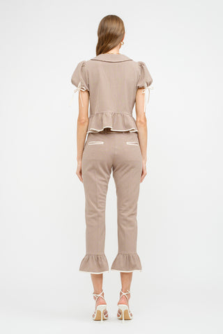 Taupe and beige gingham capri-style pant, shown from the back, showing pockets, with a flattering fit and subtle flare at the hem. Pair with the matching top for a complete set.