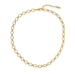 A gold-colored oval water resistant chain necklace with a lobster clasp, displayed on a plain background.