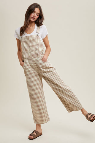 Tall gingham denim overalls. Wide leg with oversized fit.