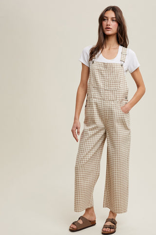 gingham denim overalls showing front pockets