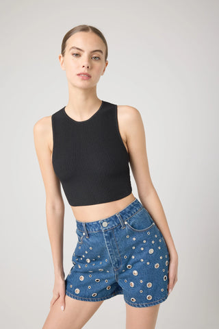 denim shorts with grommet detailing throughout the front. By blank NYC