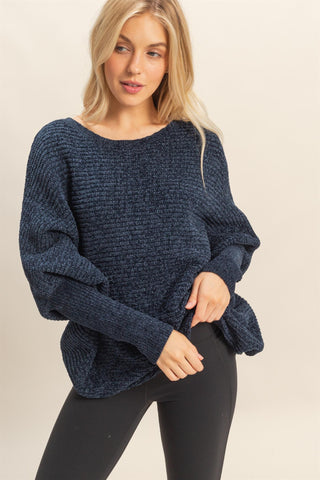 NAVY CHENILLE BOAT NECK SWEATER