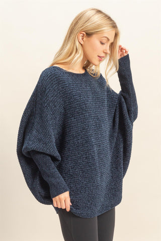 NAVY CHENILLE BOAT NECK SWEATER