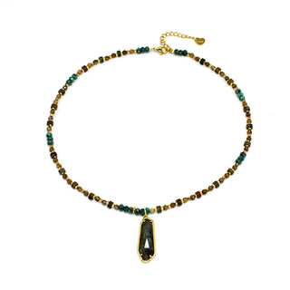 Tiger  eye necklace with beaded chain and Labradorite pendant on a white background