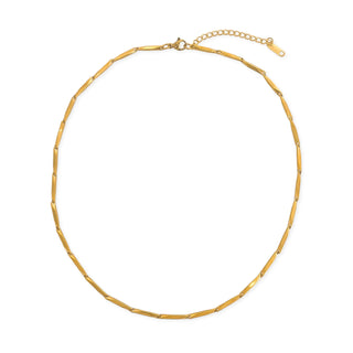 A gold-colored chain necklace with a lobster clasp closure and a double chain design.