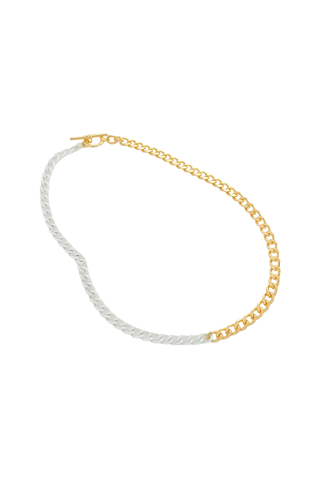 Necklace with white rope and gold chain on a white background