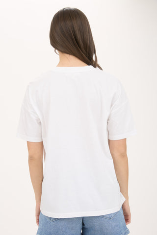 Person wearing a plain white t-shirt on a white background