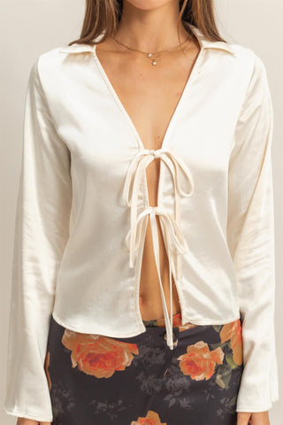 CREAM SATIN TIE FRONT TOP