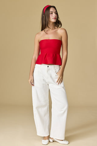 RED STRAPLESS PEPLUM TOP