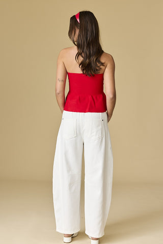 RED STRAPLESS PEPLUM TOP