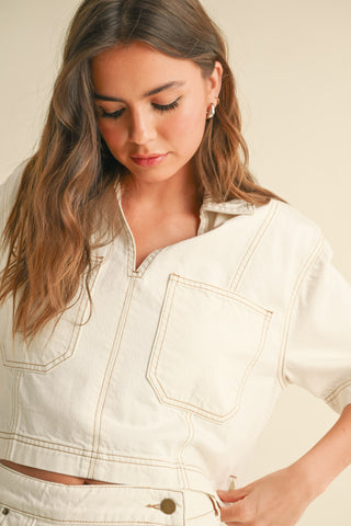 CREAM STITCHED  DENIM SHIRT