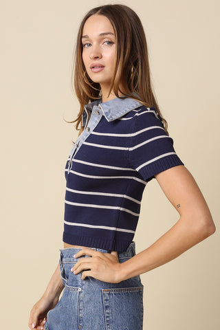SHYLA STRIPED DENIM POLO