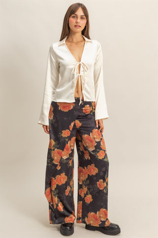 CREAM SATIN TIE FRONT TOP