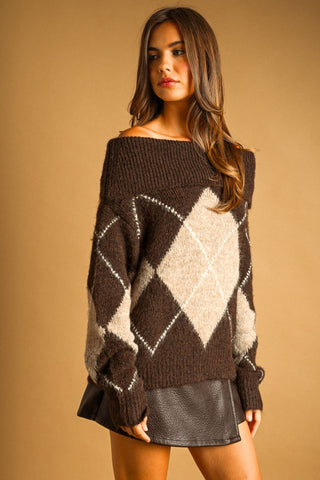 BROWN ARGLY OFF THE SHOULDER SWEATER