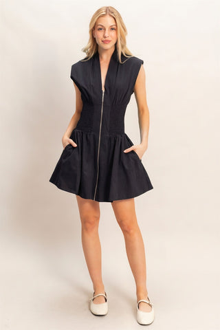 SANDRA FRONT ZIP BLACK DRESS