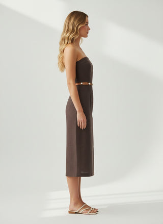 SHELBI BROWN BEADED MIDI DRESS