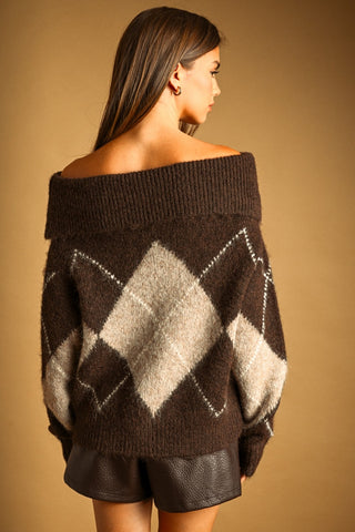 BROWN ARGLY OFF THE SHOULDER SWEATER