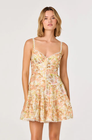 Woman wearing a floral dress on a plain background