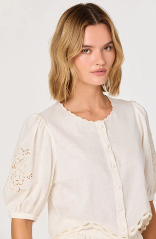 Woman wearing a white blouse with lace details on a plain background