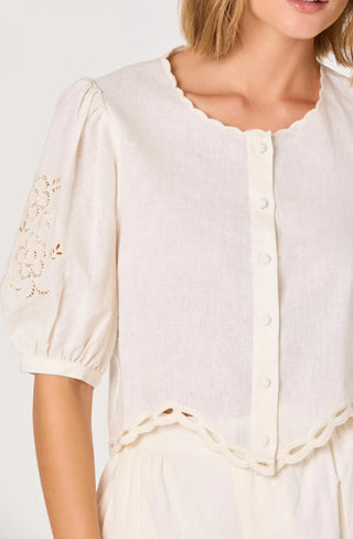 White blouse with lace details on a plain background