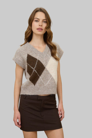 Woman wearing a  argyle patterned sweater and skirt in a room with a lamp and books.