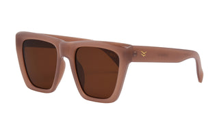 A pair of dusty rose colored sunglasses with acetate frames and polarized lenses.