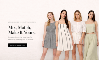 Four models wearing a variety of dresses with promotional text on a white background