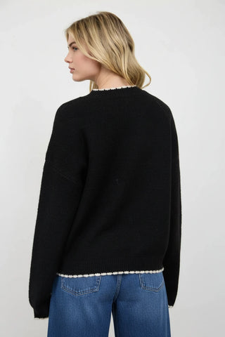 A woman shown from the back wearing a black knit sweater with a ruffled trim at the collar and hem, paired with white ruffled shorts, against a light gray studio background.