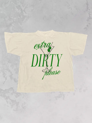 Beige oversized retro-inspired t-shirt featuring the phrase “Extra Dirty Please” in green. 100% cotton with a relaxed fit; size down for a smaller fit. Screen-printed design.