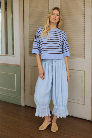 RAW EDGE STRIPE SHORT SLEEVE SWEATER