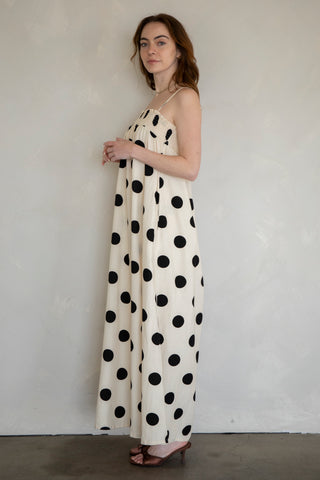 Woman wearing a long polka dot dress against a plain background. View from side. 
