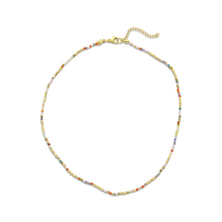 A delicate gold chain necklace with small multicolor beads, featuring a lobster clasp and adjustable chain extension, displayed on a clean white background.