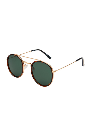 Sunglasses with gold frame and dark lenses on a white background