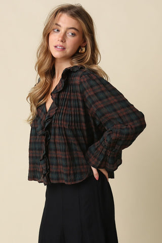LENA RUFFLED PLAID BLOUSE