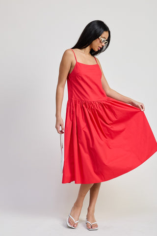 RED DROP WAIST MIDI DRESS