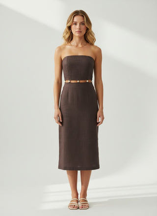 SHELBI BROWN BEADED MIDI DRESS