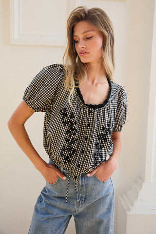 BLACK GINGHAM FLORAL BLOUSE