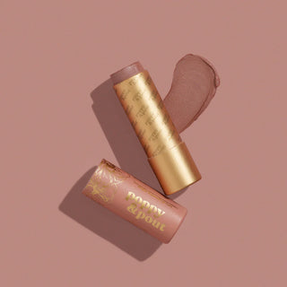 Two makeup products with 'Poppy & Poor' branding on a pink background