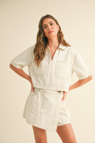 CREAM STITCHED  DENIM SHIRT