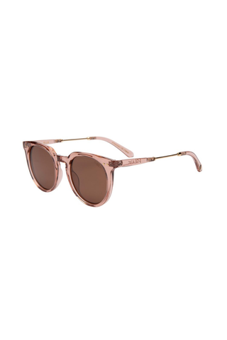 Rose gold sunglasses with brown lenses on a white background