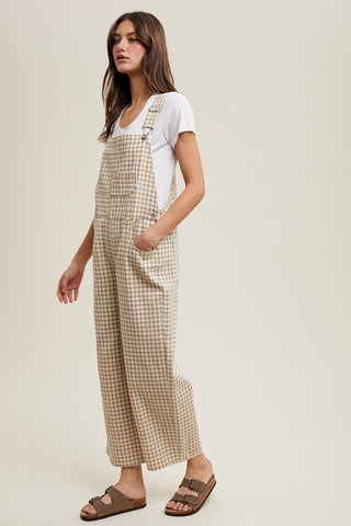 gingham denim overalls showing off pockets, oversized shown on model wearing small 