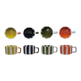 14 oz hand-painted stoneware mugs in bold vertical stripes. Sold individually in four unique colors: lime, navy, green, and orange. Dishwasher and microwave safe.