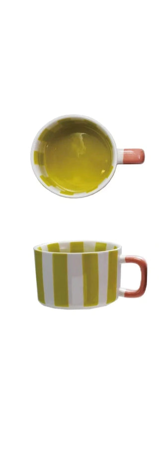 A 14 oz hand-painted stoneware mug featuring vibrant lime stripes and a coral-colored handle. Durable, dishwasher safe, and perfect for brightening up your daily coffee or tea ritual.