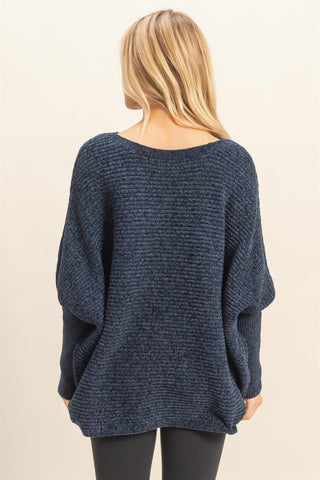 NAVY CHENILLE BOAT NECK SWEATER