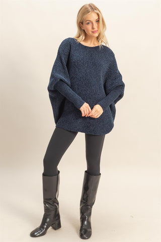 NAVY CHENILLE BOAT NECK SWEATER