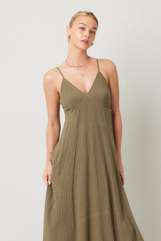 olive striped midi dress front view