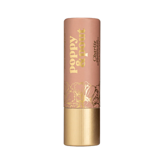 Lip balm with gold cap and 'Poppy & Pout' branding on a white background