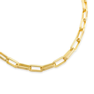 A gold-colored thick paperclip chain necklace with a lobster clasp, displayed on a plain background.
